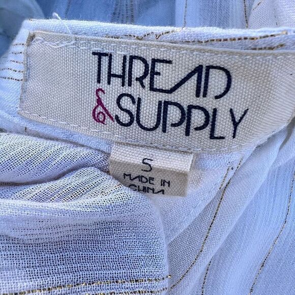 Thread & Supply Women's White Metallic Gold Stripes Roll Tab Sleeve Blouse Small - Picture 3 of 5